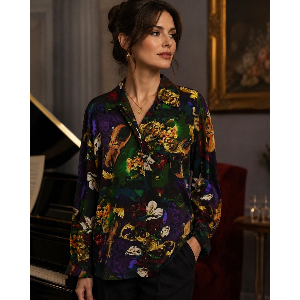 Dahan Vintage 100% Silk Violin Floral Baroque Button Up Shirt Medium Luxury Top - Picture 12 of 13